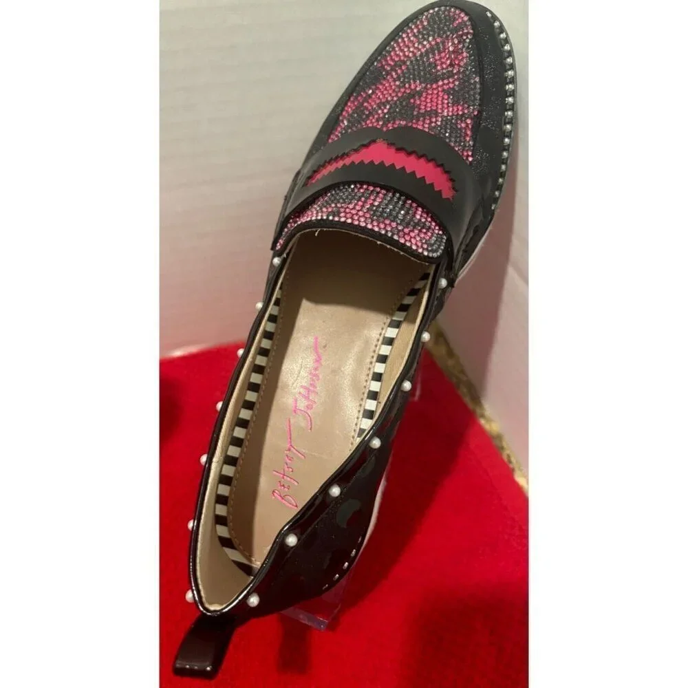 Betsey Johnson Pink and Black Houndstooth Patent Penny Loafers